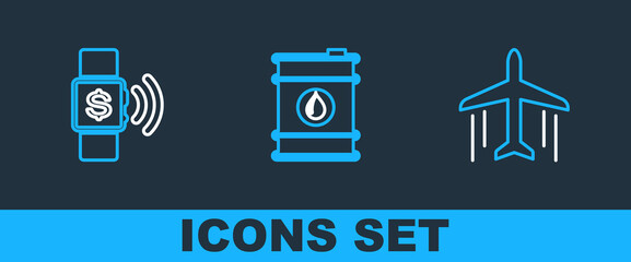 Set line Plane, Contactless payment and Barrel oil icon. Vector