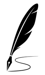 silhouette quill  writing curves, black feather pen on a white background. - obrazy, fototapety, plakaty