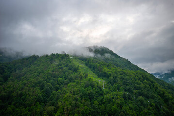 Spring morning at mountains and clouds. Atmospheric landscape with trees and low clouds on cloudy sky. Awesome mountain scenery.