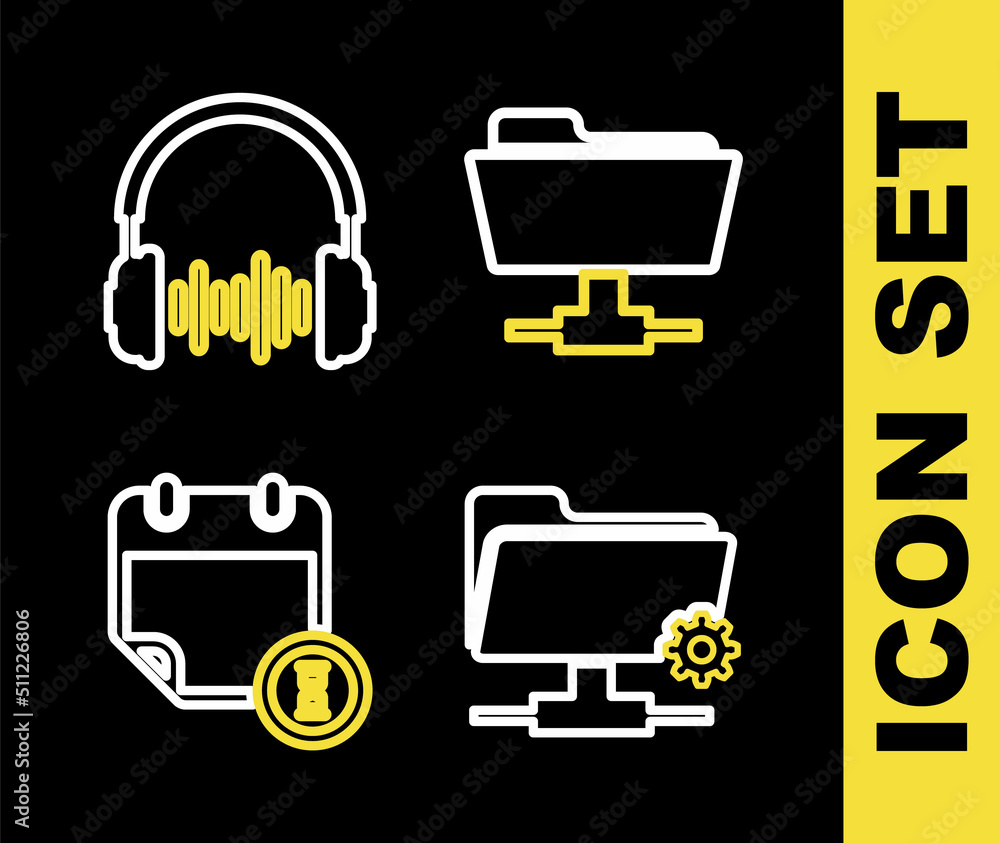 Poster set line ftp folder, settings, calendar and clock and headphone sound waves icon. vector