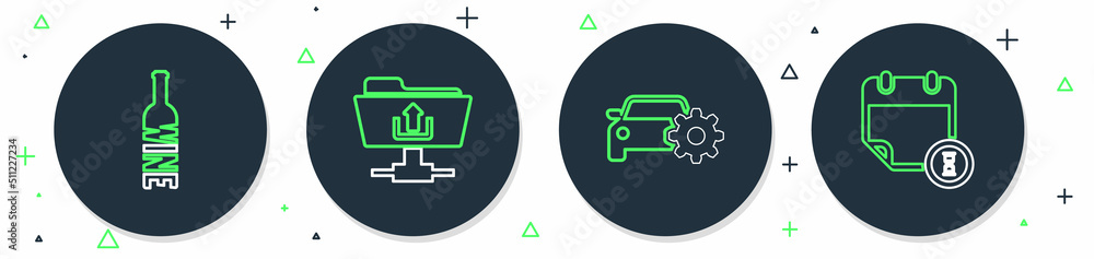 Poster set line ftp folder upload, car service, bottle of wine and calendar and clock icon. vector