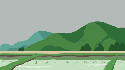 田んぼと山　曇り空