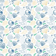 Seamless background with sea creatures, hand-drawn in sketch style. Shells, seaweed and small fish. Ocean. Sea bottom. Pastel palette. Summer sea background.