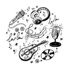 A set of hand-drawn musical elements in sketch style. Headphones, microphones, CD, audio, violin key with notes, elements in a circle. Vector simple illustration, isolated on white background.