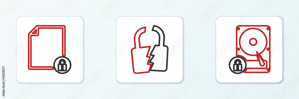 Poster set line hard disk drive and lock, document and broken or cracked icon. vector