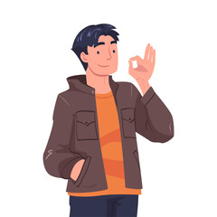 Man Character Showing Positive Ok or Ring Hand Gesture Vector Illustration