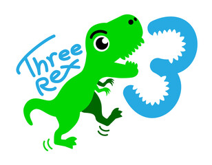 Green Dinosaur Tirannosaur Three Rex. Cartoon Trex. Design for baby boy and girl birhday on white background. Happy Birthday Card for a Child for Three Years.