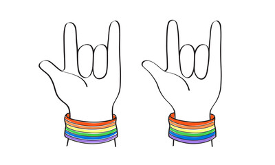 Pride month. LGBTQ+ hands are wearing wristbands showing love symbols in doodle style-cute symbol hand-drawn vector illustration.