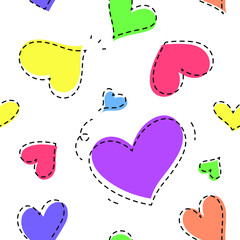 Pride month. LGBTQ+ colorful hearts background pattern texture in doodle dot style. Hand-drawn vector illustration.
