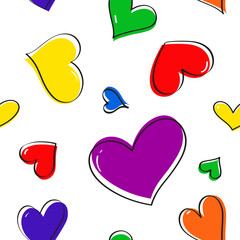 Pride month. LGBTQ+ colorful hearts background pattern texture in doodle dot style. Hand-drawn vector illustration.