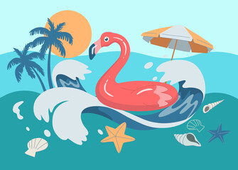 Hello summer background, pink inflatable flamingo on wave, sea shell, coconut tree, sun. Vector design illustration.