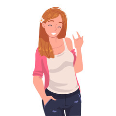Woman Character Showing Positive Sign of Horns as Hand Gesture Vector Illustration - obrazy, fototapety, plakaty