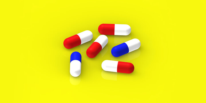 red and blue capsules lie on a yellow background with reflection. medication. Horizontal image. 3D rendering. 3D image