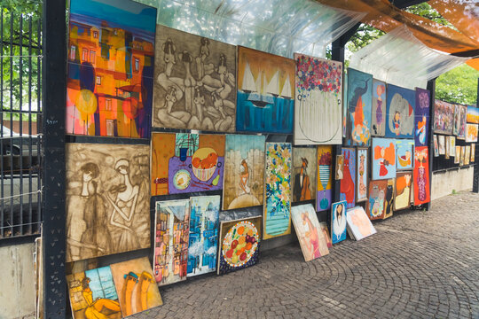 18.05.2022. Tbilisi, Georgia. exhibition of selling paintings on the street. High quality photo