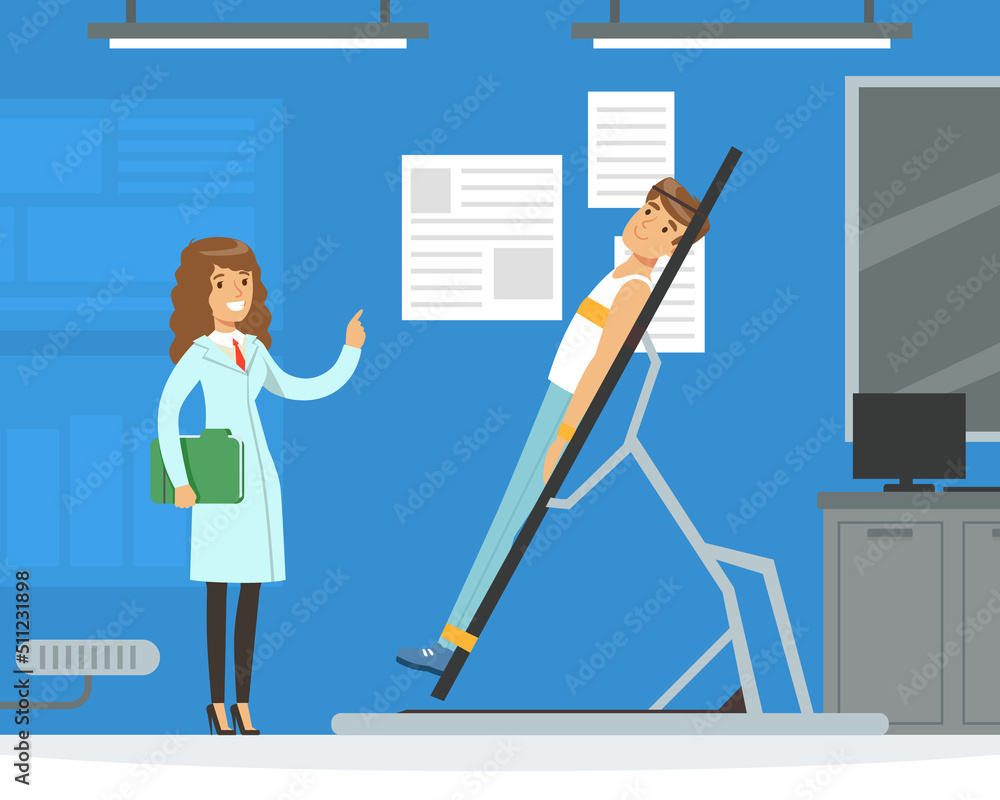 Poster man astronaut preparing for space flight on simulator in laboratory with scientist vector illustrati
