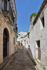 Fototapeta premium A narrow street between the old houses of Presicce, a picturesque village in the province of Lecce in Italy.