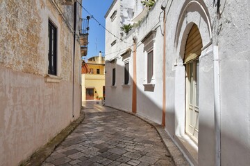 Fototapeta na wymiar A narrow street between the old houses of Presicce, a picturesque village in the province of Lecce in Italy.