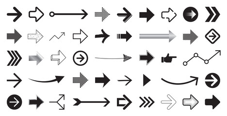 Set of different shapes black and white arrows. Collection of arrow vector icon flat style isolated on white background.