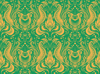Vector seamless pattern with silhouetted Victorian ornament. Vintage damask in yellow and green tones. Floral texture