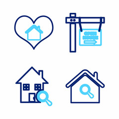 Set line Search house, Hanging sign with Open and House heart shape icon. Vector