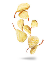 Delicious pears in the air closeup isolated on a white background