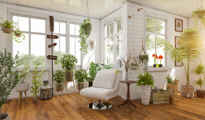 Grüne Oase zu Hause – Raum mit Sessel und vielen Grünpflanzen