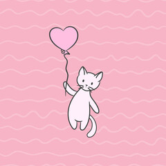 Cute cat holding on to a balloon, vector illustration
