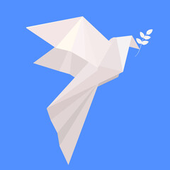 Vector white origami dove of peace with a branch on a blue background.