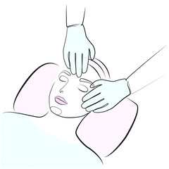 Facial massage, cosmetic procedure line art on white isolated background