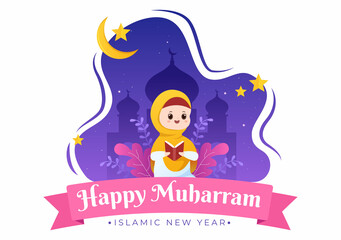 Islamic New Year Day or 1 Muharram Vector Background Illustration of Muslim Family Celebrating Can be use for Greeting Card or Invitation
