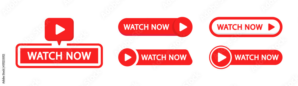 Poster watch now buttons. play video button set. watch video now button for web site. ui element. vector il