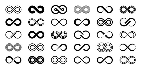 Infinity symbols. Set of infinity icons. Symbols of endless, unlimited, eternal. Vector illustration. - obrazy, fototapety, plakaty