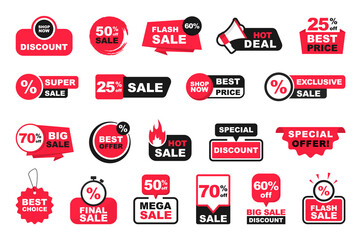 Sales tags collection. Set of stickers for the sale with discount and special offers. Best offer, best price for sale. Labels for promotion, advertising, marketing and shopping. Vector illustration. - obrazy, fototapety, plakaty