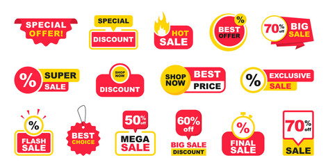 Sales tags collection. Set of stickers for the sale with discount and special offers. Best offer, best price for sale. Labels for promotion, advertising, marketing and shopping. Vector illustration.