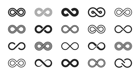 Infinity symbols. Set of infinity icons. Symbols of endless, unlimited, eternal. Vector illustration. - obrazy, fototapety, plakaty