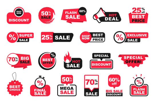 Sales tags collection. Set of stickers for the sale with discount and special offers. Best offer, best price for sale. Labels for promotion, advertising, marketing and shopping. Vector illustration.