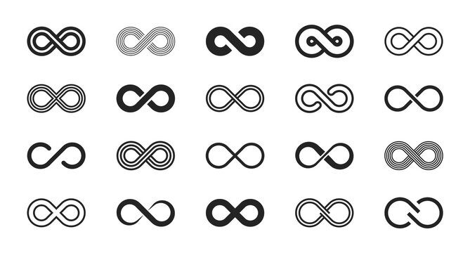 Infinity symbols. Set of infinity icons. Symbols of endless, unlimited, eternal. Vector illustration.