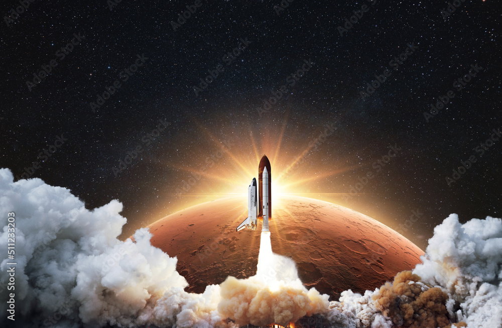 Poster amazing spacecraft with blastoff and cloud of smoke successfully take off and explore space with red