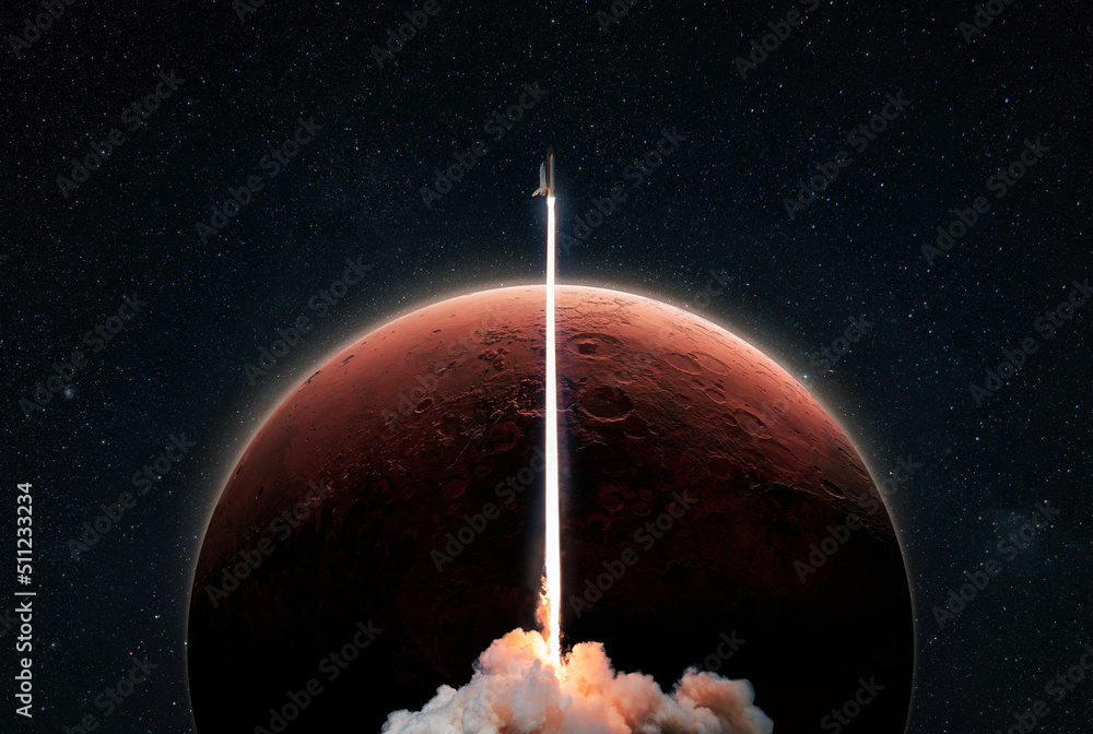 Poster new space shuttle rocket with a blast takes off into space against the background of the red planet 