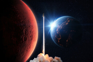 New space shuttle rocket with smoke and blast successfully takes off into space with red planet...