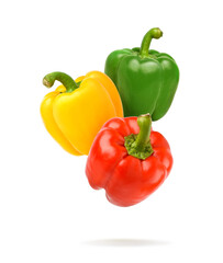 Various of colorful bell peppers levitate isolated on white background. Clipping path.