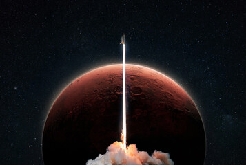 Fototapeta New space shuttle rocket with a blast takes off into space against the background of the red planet Mars and explores space. Concept of technology and travel to other planets. Spaceship lift off obraz