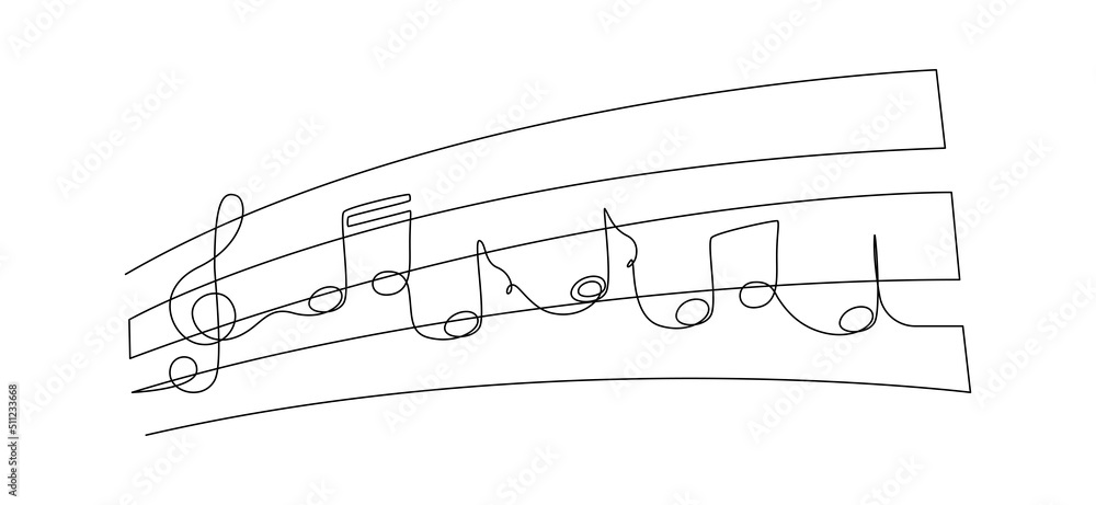 Poster One continuous line drawing of treble clef and musical notes. Scribble Minimalist logo and symbol of sound and music concert in outline linear style. Editable stroke. Doodle vector illustration