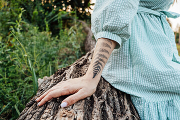 Nature and Improve Mental Health. Woman hand with fern tattoo on tree trunk in forest