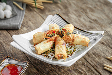 Gourmet portion of fried asian spring rolls