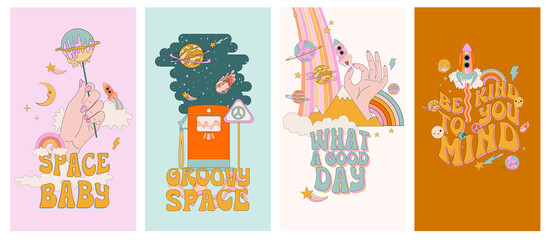 Collection of vertical background for instagram stories. Retro hippie space and pop art elements. Trendy Illustration. Editable Vector