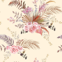 Fototapeta na wymiar Seamless watercolor pattern with herbarium of tropical palm leaves and delicate roses for textile and surface design