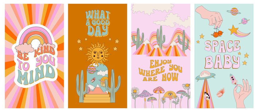 Collection of vertical background for instagram stories. Retro hippie space and pop art elements. Trendy Illustration. Editable Vector