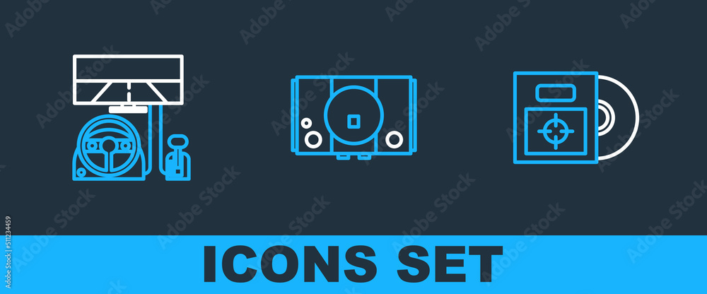 Poster set line cd or dvd disk in box, racing simulator cockpit and video game console icon. vector