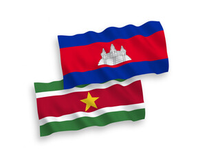 Flags of Kingdom of Cambodia and Republic of Suriname on a white background